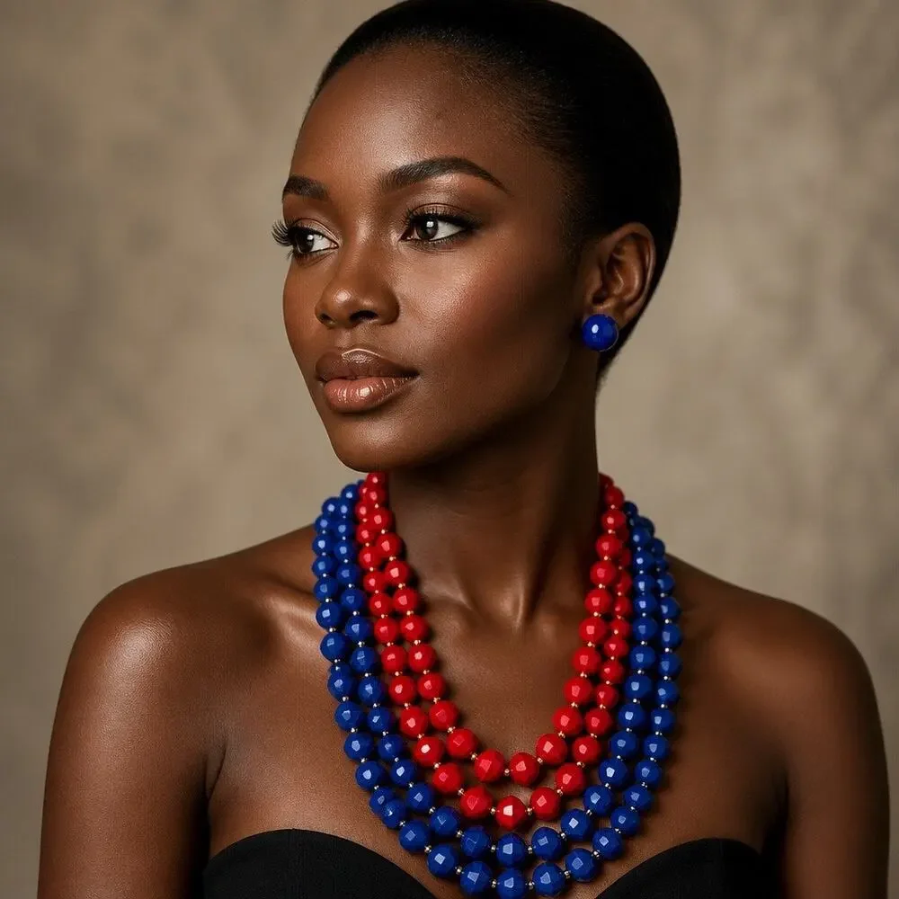 Retired Premier Design Royal Blue Red Beaded Multi-Row Necklace Dual Earring Set